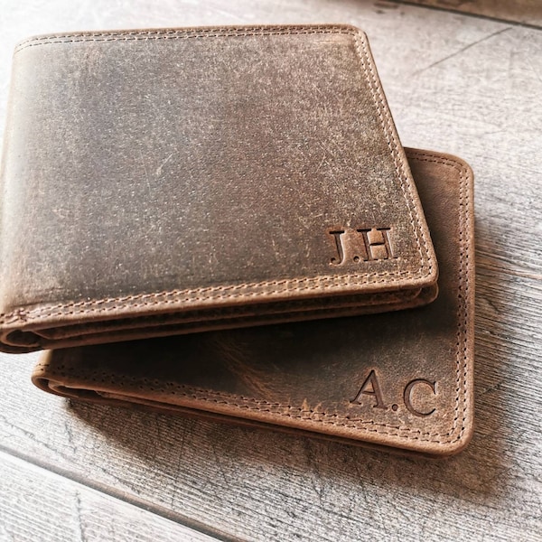 Personalised Real Leather Rustic Men's Wallet | Large Initials Distressed Leather | Personalized Initials Embossed | Fathers Day Gift