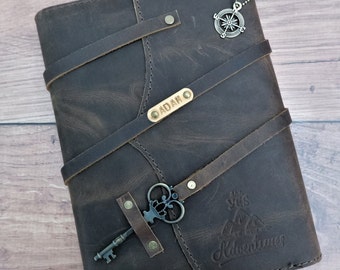 Personalized A5 Wrap Around Leather Travel Journal | Distressed Aged Rustic Drawing Doodle Book with Thick Cotton Paper