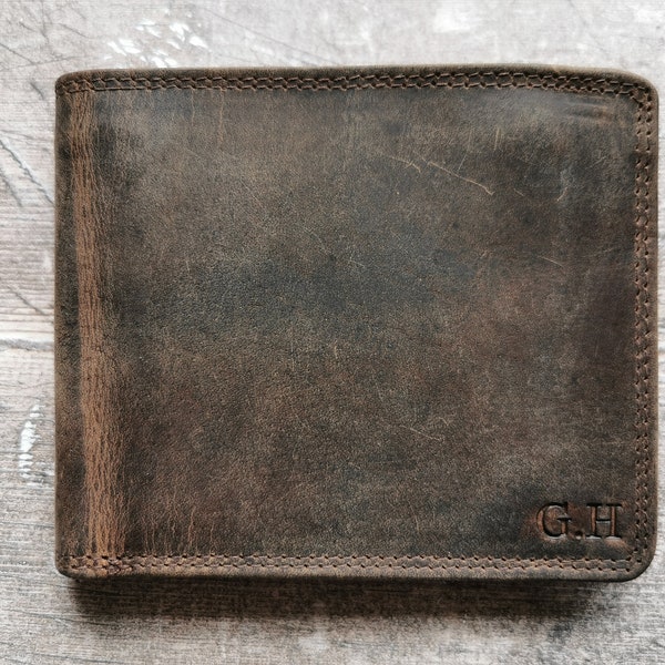 Personalised Real Leather Bi-Fold Rustic Men's Slim Wallet | Handmade Distressed Leather | Personalized Initials Embossed | Fathers Day Gift