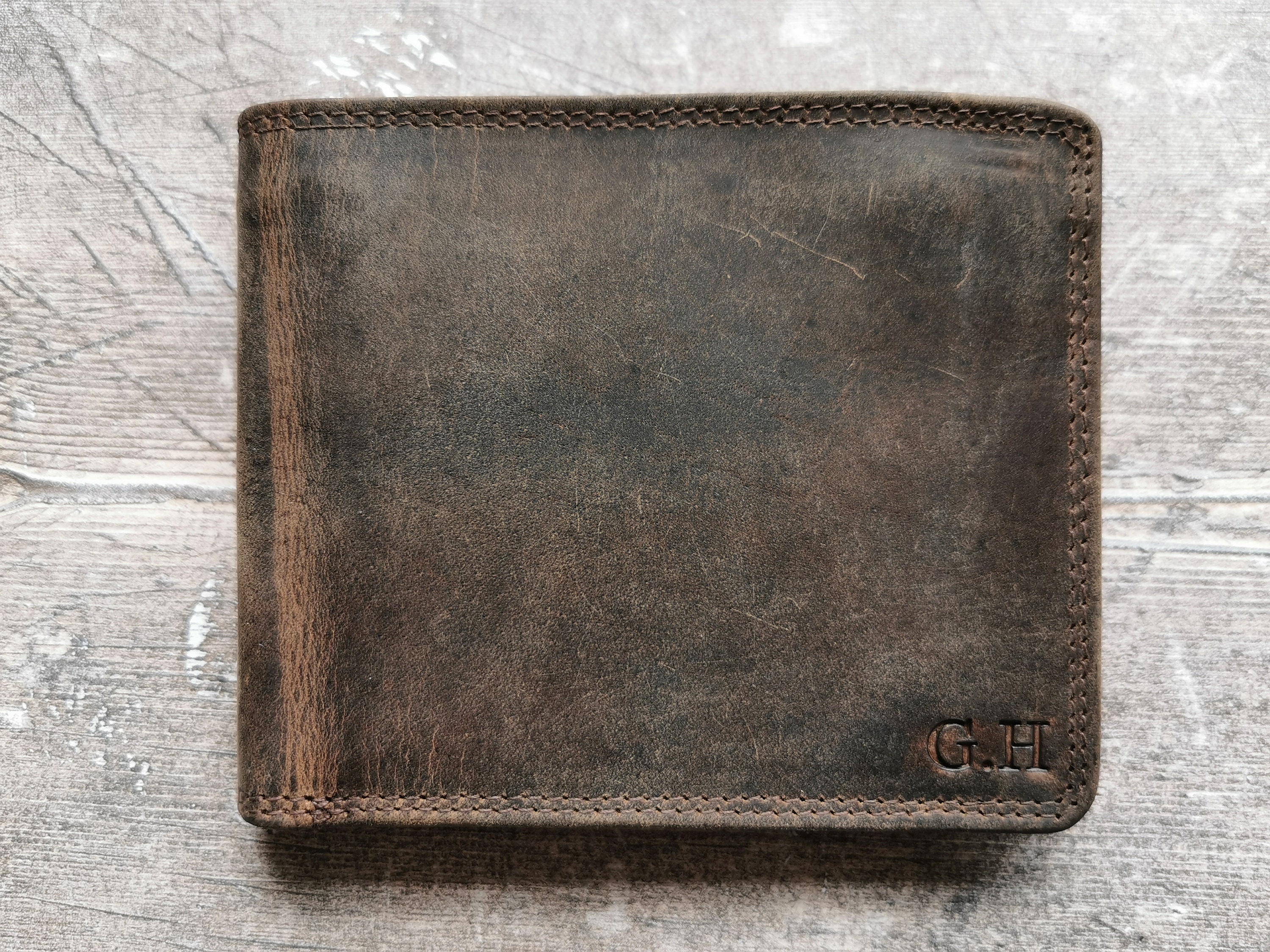 Personalised Real Leather Bi-Fold Rustic Men's Slim Wallet | Distressed Leather | Personalized Initials Embossed | Valentines Day Gift
