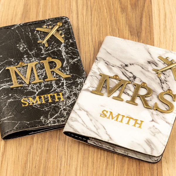 Personalised Mr & Mrs Passport Covers Mr/ Mr, Mrs/Mrs Holders Marble PU Vegan Leather, Wedding Gift, Anniversary, Honeymoon, Couples Gift