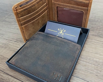 Bi-Fold Leather Men&#39;s Slim Wallet | Handmade Personalised Distressed Leather | Personalized large Initials Embossed | Valentines Day Gift