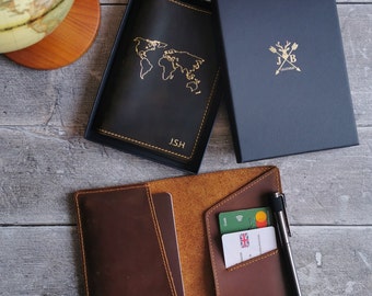 World Map Personalised Leather Passport Wallet | Distressed Leather Personalized with Gold Foil Passport Cover | Travel Holder