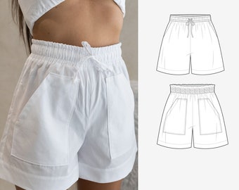 High waist shorts with elastic waistband PDF sewing pattern | short ladies trousers | 12 sizes