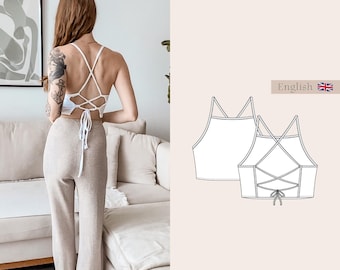 Halter Hals strappy Crop Top met open rug PDF Naaipatroon maten 34-50 in het Engels