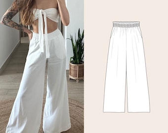 Wide Leg Palazzo Pants flared Culotte with elastic waist band PDF Sewing Pattern English