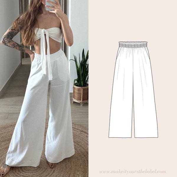 Pantalón Palazzo Culotte de pernera ancha con cinturilla elástica Patrón de costura PDF Inglés