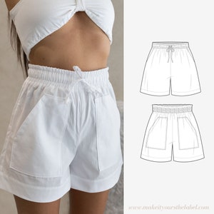 Short taille haute avec ceinture élastique Patron de couture PDF | pantalons courts pour femme | 12 tailles