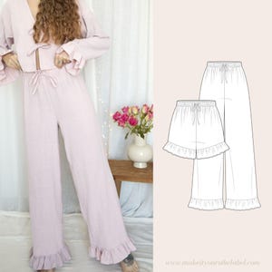 Ruffled Pajama Bottom / Shorts and Pants with elastic waist PDF Sewing Pattern | 12 sizes | Loungewear - English