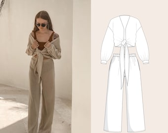 Wide leg Pants and Front Tie Top PDF Pattern Bundle sizes 34-44 in english