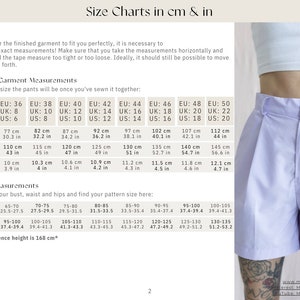 May include: Size charts in centimeters and inches for pants. The chart includes measurements for waist, hips, length, and inseam. The chart also includes body measurements for waist, hips, and bust in centimeters and inches. The reference height is 168 centimeters. The image also shows a pair of light blue shorts.