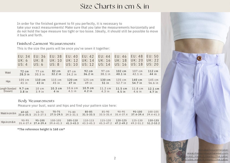 May include: Size charts in centimeters and inches for pants. The chart includes measurements for waist, hips, length, and inseam. The chart also includes body measurements for waist, hips, and bust in centimeters and inches. The reference height is 168 centimeters. The image also shows a pair of light blue shorts.