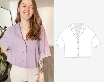 Chemisier avec col à revers Patron de couture PDF pour un chemisier surdimensionné avec une patte de boutonnage au look vintage dans les tailles 34-50 en allemand