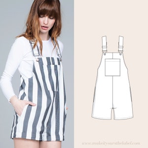 May include: Striped denim dungarees with a white background and dark blue stripes. The dungarees have adjustable straps and a single front pocket. The dungarees are shown on a model.