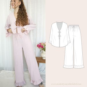 Ruffle Pajama Set PDF Sewing Pattern | Front Tie Blouse and High Waist Pants / Shorts | 12 sizes - English