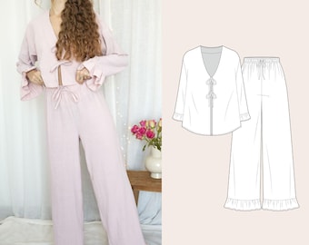 May include: A pink pajama set with a long-sleeved top and wide-leg pants. The top has a V-neckline and a tie at the front. The pants have a ruffled hem.