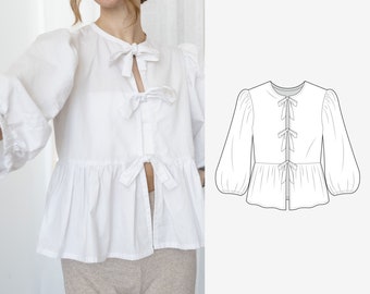 Blouse with bows PDF sewing pattern / 12 sizes / bow top to tie - German