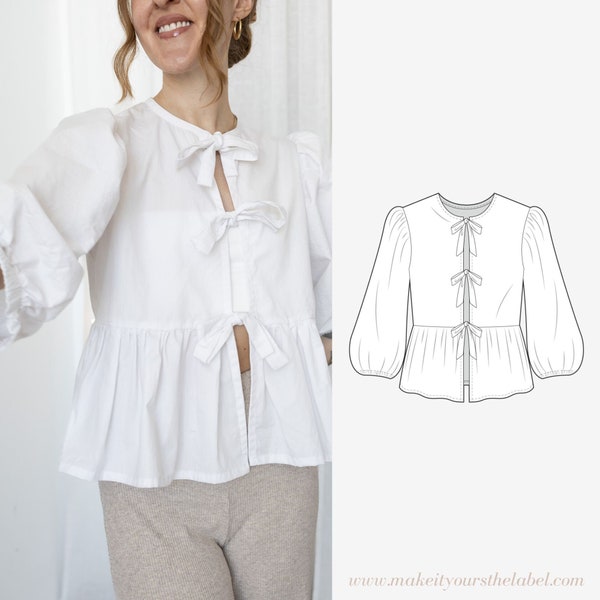 Blouse with bows PDF sewing pattern / 12 sizes / bow top to tie - German