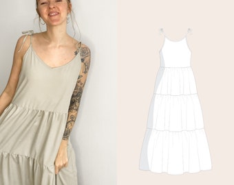 Camisole ruffled dress PDF Sewing Pattern for a layered Maxi Cami Dress in english