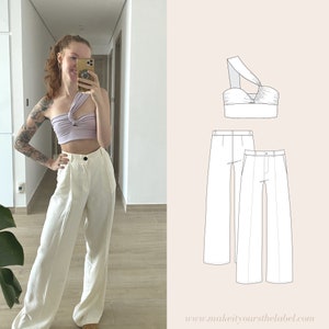 Wide leg trousers and asymmetrical crop top PDF Sewing Pattern Bundle english