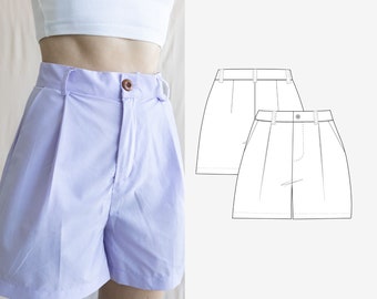 Short High Waist Pleated Pants with Wide Legs PDF Sewing Pattern Linen Pants Shorts