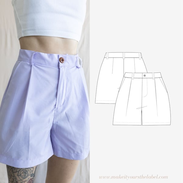 Short High Waist Pleated Pants with Wide Legs PDF Sewing Pattern Linen Pants Shorts