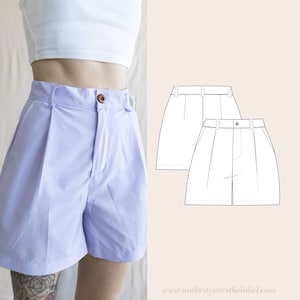 May include: A pair of light purple high waisted shorts with pleats and a button closure. A line drawing of the shorts is shown to the right of the image. The text 'www.makeityoursthelabel.com' is at the bottom of the image.
