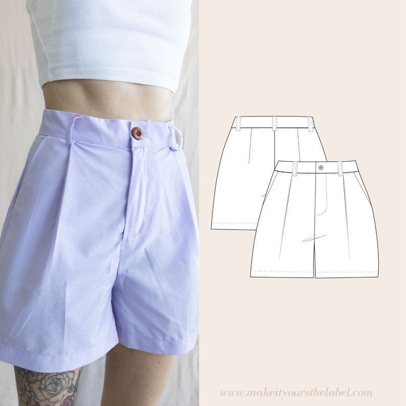 May include: A pair of light purple high waisted shorts with pleats and a button closure. A line drawing of the shorts is shown to the right of the image. The text 'www.makeityoursthelabel.com' is at the bottom of the image.