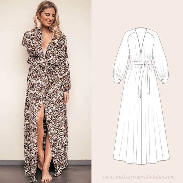 Long Dressing Gown Robe or Maternity Dress PDF Sewing Pattern and Tutorial sizes 34-44 in english