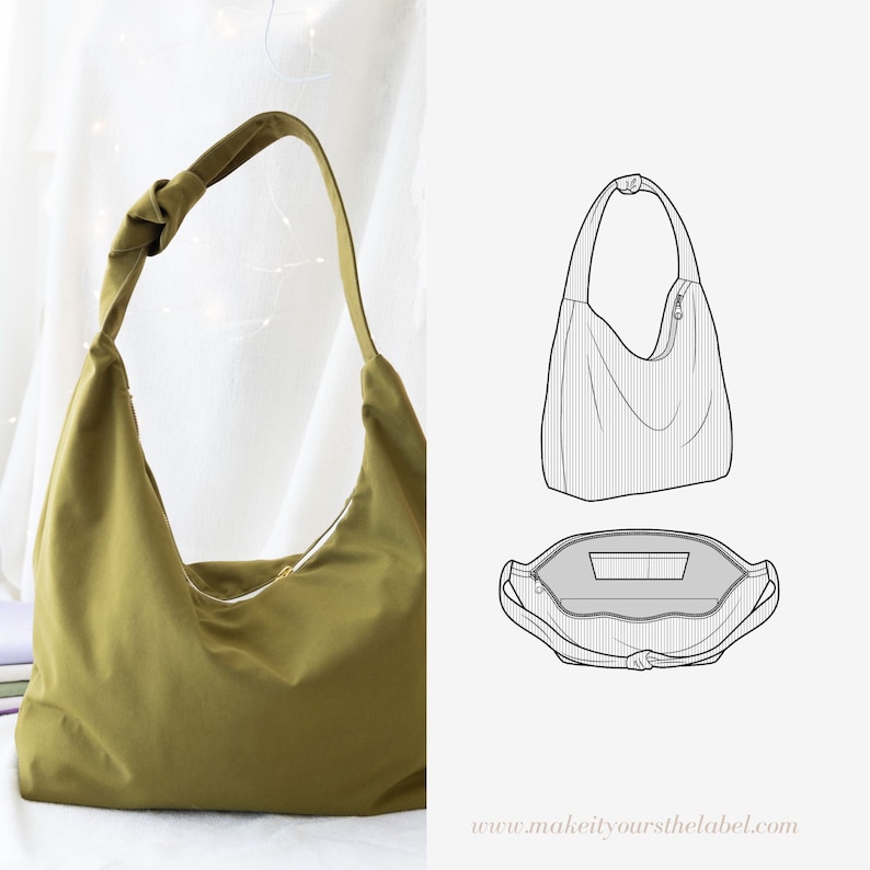 May include: A green canvas tote bag with a knotted strap and a zipper closure. The bag is shown in both a flat and a 3D view. The 3D view shows the interior of the bag, which has a small pocket. The bag is made by Make It Your Style Label.