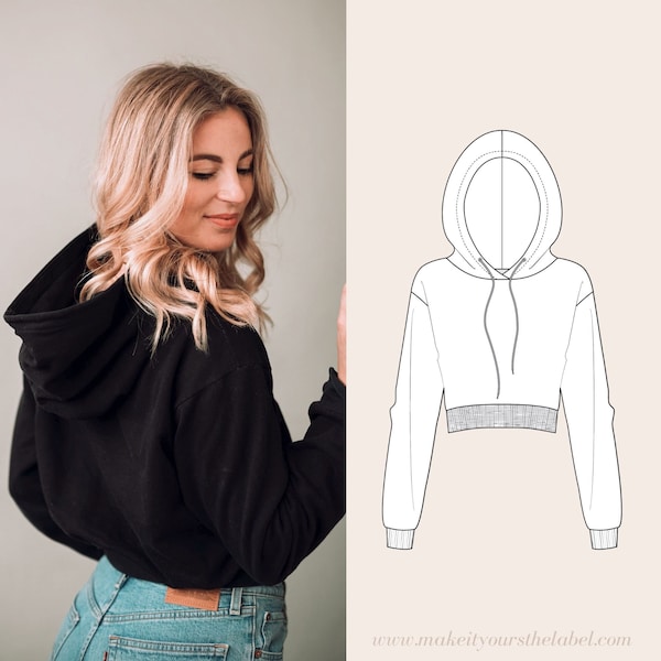 PDF Sewing Pattern cropped Hoodie and Sweater Tutorial for Women and Teens sizes 34-56 in english