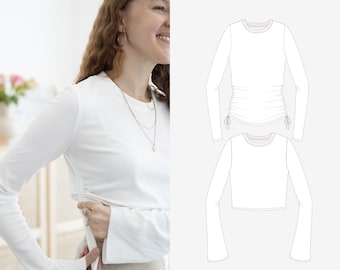 Long-sleeved crop top with ruffles on the side PDF sewing pattern 34-56 - German