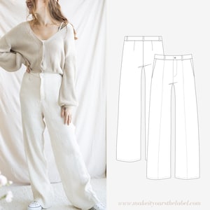Peut inclure: Un patron de pantalon blanc à jambes larges avec un détail de couture sur le devant. Le patron est présenté sur un fond blanc. www.makeityoursthelabel.com