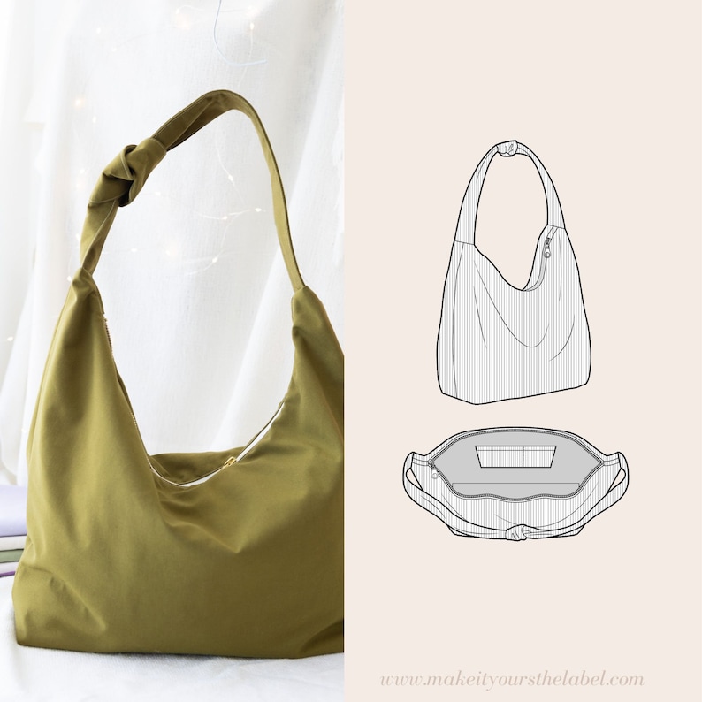 Pode incluir: Uma bolsa tote de lona verde com uma al&ccedil;a de n&oacute; e um fecho de correr. A bolsa &eacute; mostrada tanto na vista frontal como na vista interna.