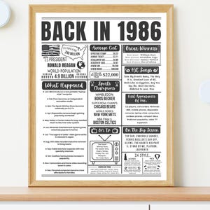 May include: A framed print with a wooden frame, featuring a black and white design titled "BACK IN 1986." The print includes information about the U.S. population, the president, world events, sports champions, and popular culture from that year.