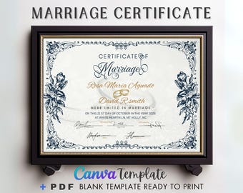 Printable Certificate of Marriage Keepsake, Wedding Gift for Couples, Editable Modern Marriage, Certificate Editable Canva Template.