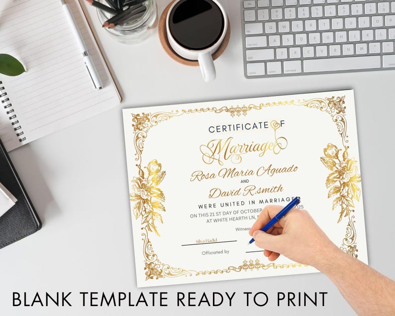 May include: A printable certificate of marriage template with a gold ornate border and floral design. The text reads "Certificate of Marriage" and includes the names "Rosa Maria Aguado" and "David R. Smith".