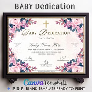 Plantilla de Canva para la dedicatoria de un niño, certificado de dedicatoria de un bebé, certificado de bautismo, certificado de bautismo editable, dedicatoria floral