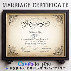 Bearbeitbare Canva-Vorlage für Zertifikate, druckbare Heiratsurkunde als Andenken, Hochzeitsgeschenk, Sofort-Download, bearbeitbare moderne Heiratsurkunde.