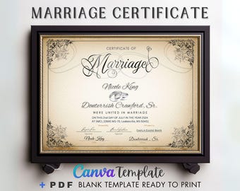 Certificate Editable Canva Template, Printable Certificate of Marriage Keepsake, Wedding Gift, Instant Download, Editable Modern Marriage.