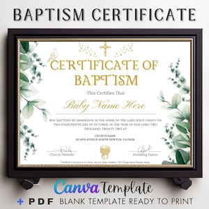 Recuerdo de bautizo de Canva, Certificado de bautismo de Canva, Plantilla de Canva, Bautismo de niño/niña, Certificado de iglesia, Bautismo con vegetación,