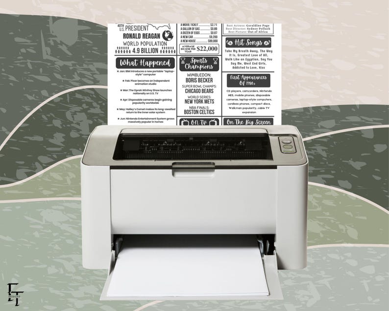 May include: A white printer with a printed page featuring text about historical events, sports champions, and hit songs. The text includes "President Ronald Reagan", "Wimbledon Boris Becker", and "NBA Finals Boston Celtics". The printer is on a patterned background.