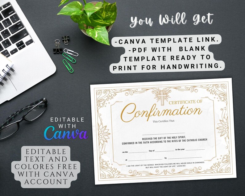 Editable Confirmation Certificate, Canva Template, Gifts for Girl and ...