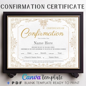 Certificado de Confirmación Editable, Plantilla Canva, Regalos para niña y niño Católico, Certificado de Iglesia, Certificado Religioso de Oro.