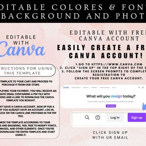 May include: A pink and green graphic with instructions on how to use a Canva template. The graphic includes the text "Editable with Canva" and "Easily Create a Free Canva Account!" along with instructions on how to sign up for a free Canva account.