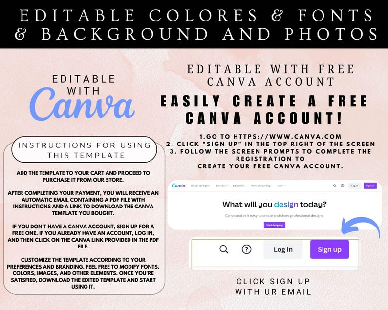 May include: A pink and green graphic with instructions on how to use a Canva template. The graphic includes the text "Editable with Canva" and "Easily Create a Free Canva Account!" along with instructions on how to sign up for a free Canva account.