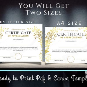May include: A printable certificate of appreciation template featuring a gold floral design. The template is available in two sizes: US Letter and A4. The text on the certificate reads "Certificate of Appreciation".