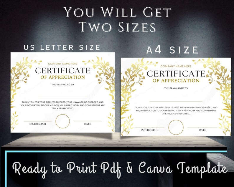 May include: A printable certificate of appreciation template featuring a gold floral design. The template is available in two sizes: US Letter and A4. The text on the certificate reads "Certificate of Appreciation".