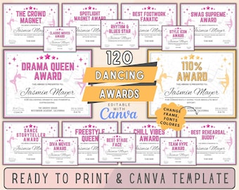 Editable Dancing Awards Certificates, Canva Template, Dancing Awards, Dancer Gift, Dance Awards, Dancing Certificates.