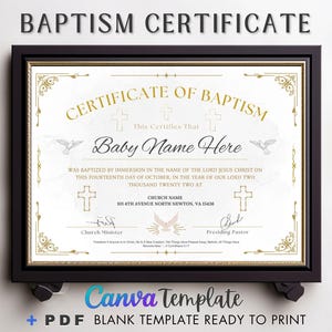 Bautismo de niño/niña, certificado de bautismo editable, plantilla de Canva, certificado de iglesia, regalo de bautismo, recuerdo de bautizo de Canva.
